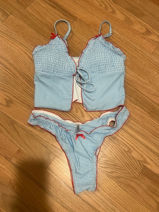Seamolly Other - SEAMOLLY VINTAGE GINGHAM BOWKNOT DECOR SMOCKED RUFFLES TIE FRONT TANKINI SET